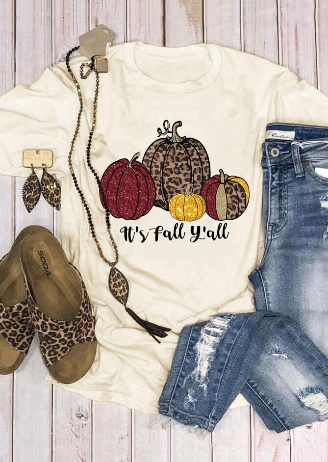 

Thanksgiving Pumpkin Leopard It's Fall Y'all T-Shirt Tee - Light Yellow, 482460