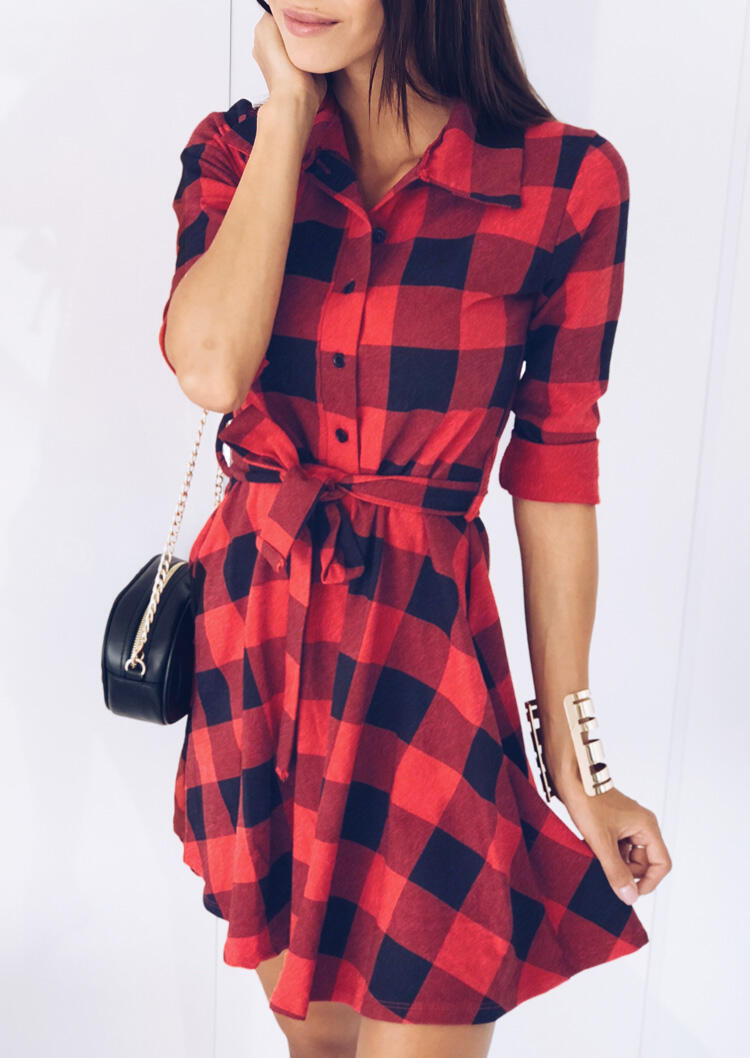 

Plaid Button Turn-down Collar Mini Dress, 482743