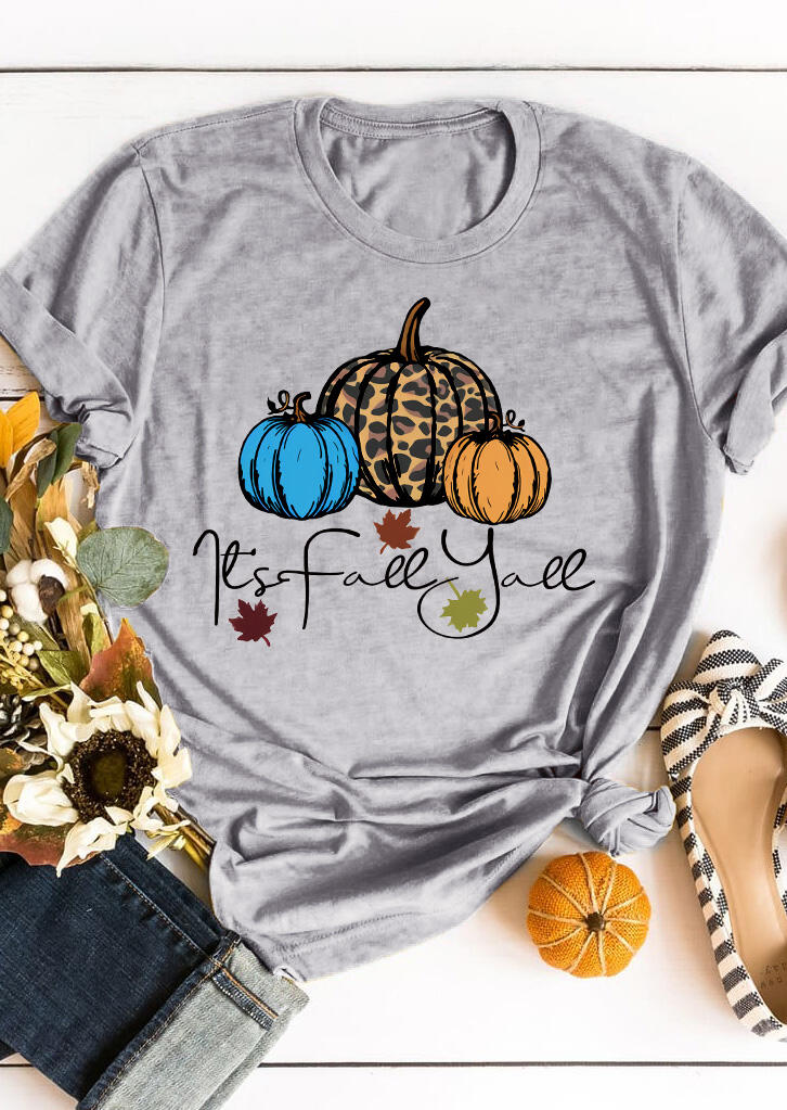

It' Fall Yall Leopard Pumpkin Maple Leaf T-Shirt Tee - Gray, 482754