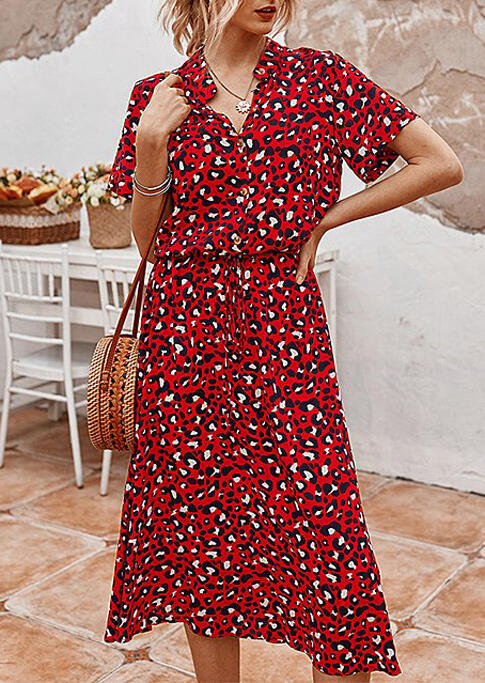 

Leopard Button Drawstring V-Neck Casual Dress - Red, 483114