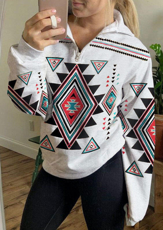 

Aztec Geometric Zipper Collar Sweatshirt - Light Grey, 480856