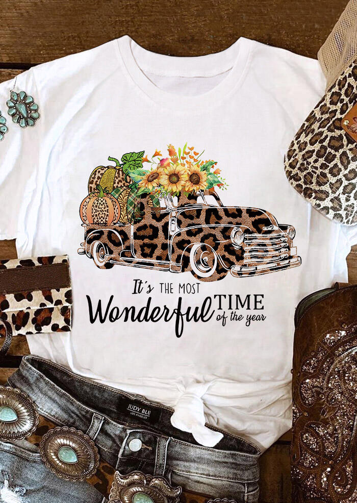 

Leopard Pumpkin Car Sunflower Letter Graphic T-Shirt Tee - White, 482412
