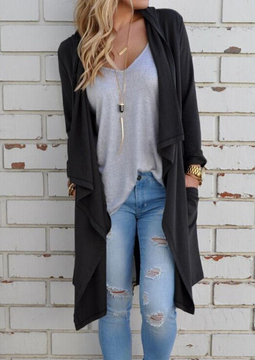 

Pocket Waterfall Long Sleeve Slit Cardigan - Black, 482725