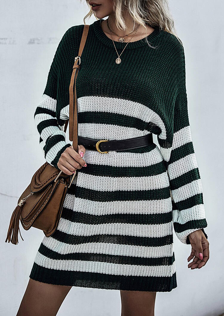 

Striped Splicing Loose Knitted Sweater Mini Dress, Stripe, 482739