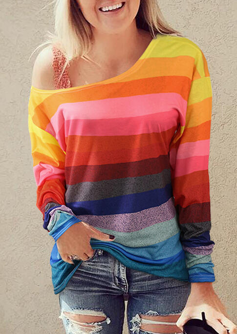 

Colorful Striped Long Sleeve Slash-Neck Blouse, Multicolor, 482771