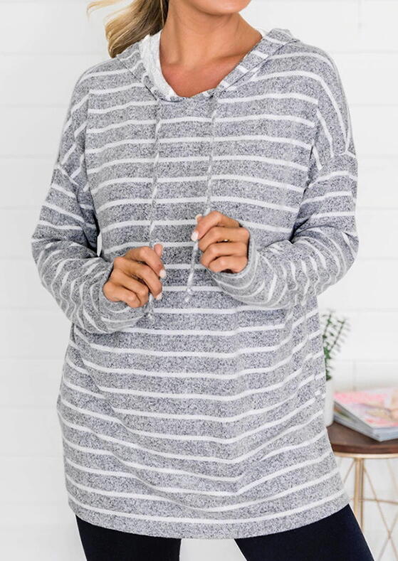 

Striped Drawstring Slit Loose Hoodie - Light Grey, 482831