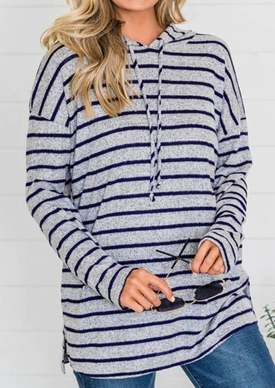 

Striped Drawstring Slit Loose Hoodie - Dark Grey, 482836