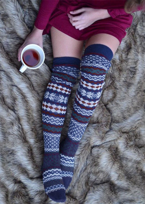 

Snowflake Geometric Over Knee Knitted Socks, Deep blue, 483022