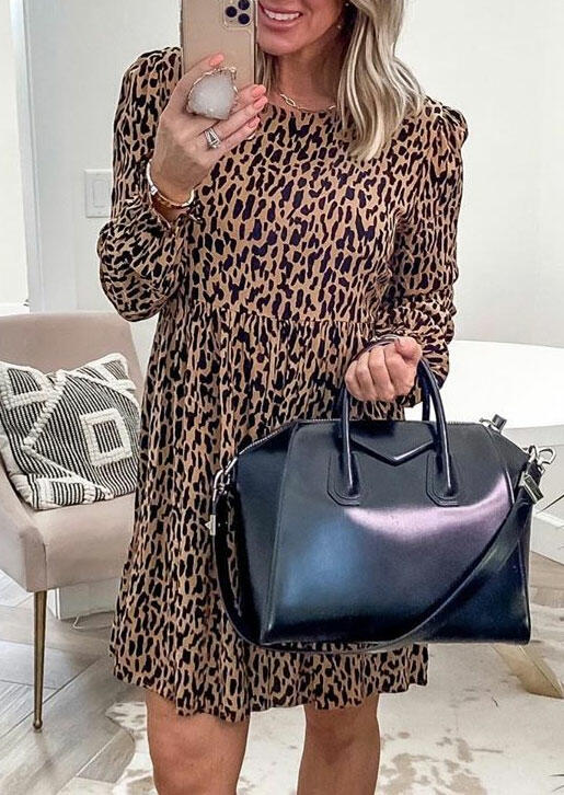 

Leopard Ruffled Long Sleeve Mini Dress, 483109