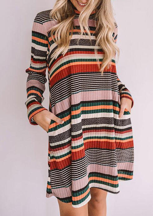 

Colorful Striped Splicing Pocket Knitted Loose Mini Dress, Multicolor, 483176