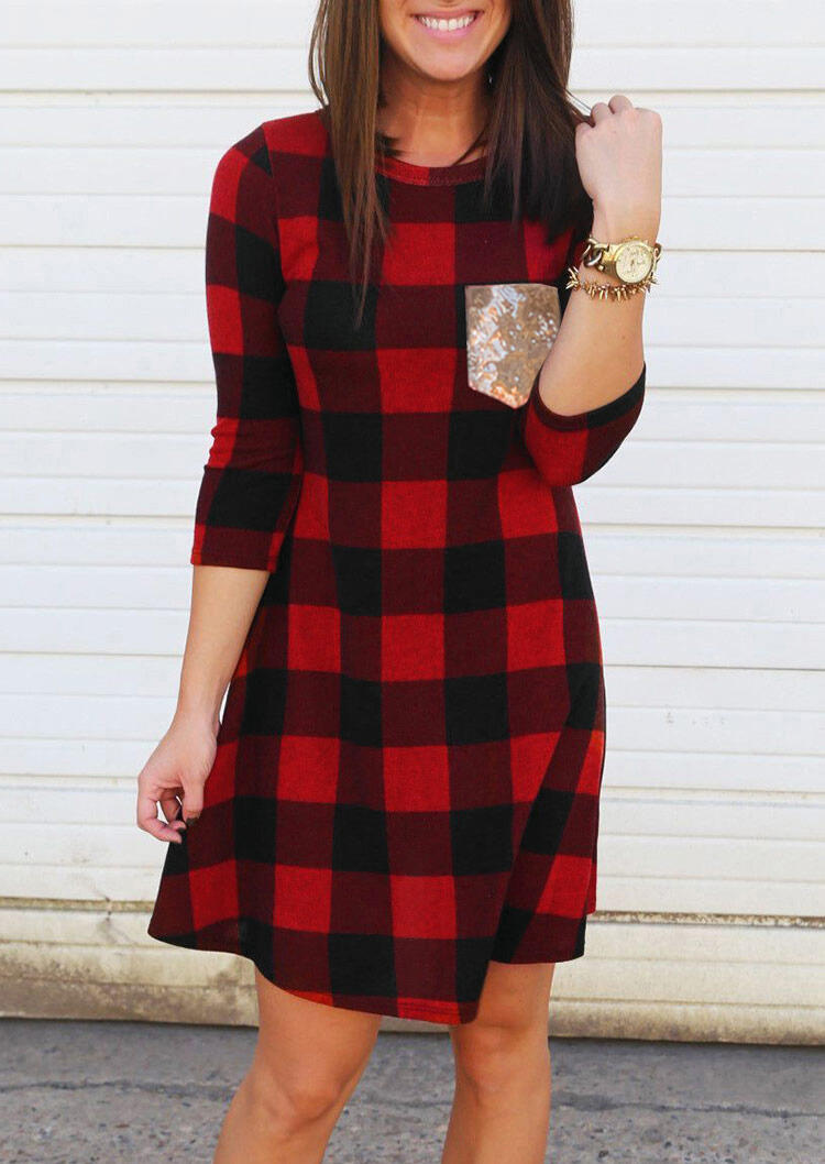 

Buffalo Plaid Sequined Pocket Mini Dress, 480990