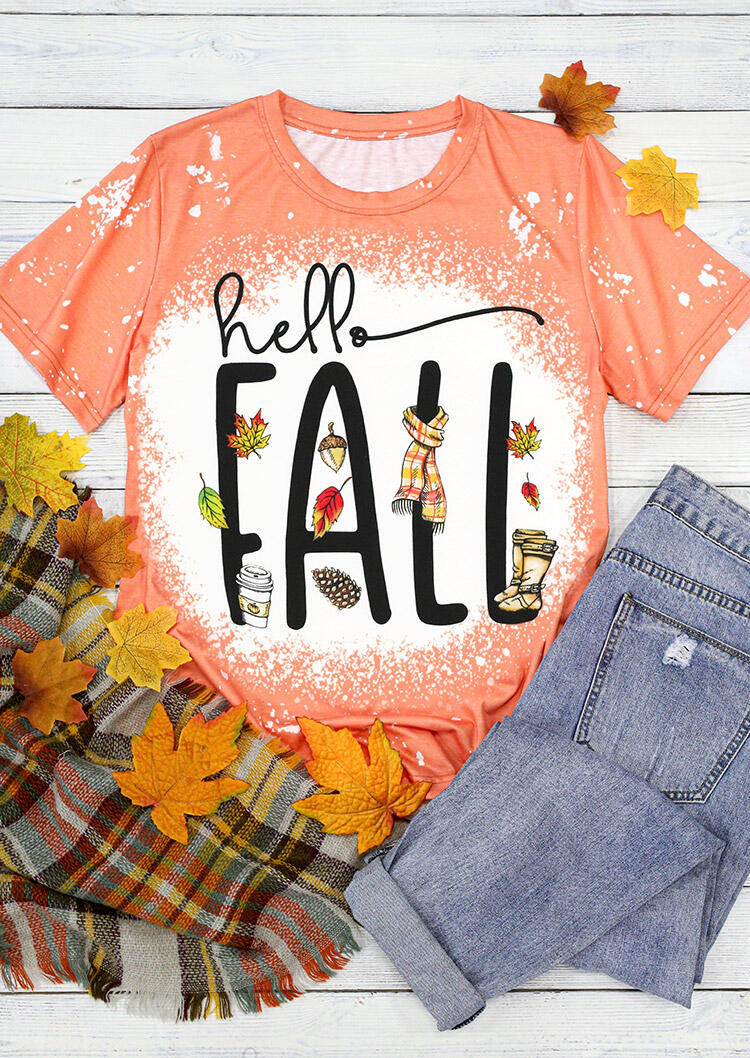 

Hello Fall Maple Leaf Bleached T-Shirt Tee - Orange, 482805