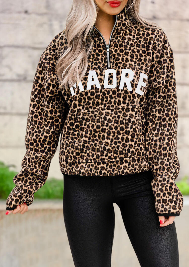 

Leopard Madre Zipper Collar Pullover Sweatshirt, 482855