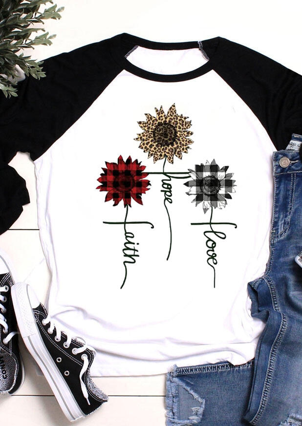 

Buffalo Plaid Leopard Sunflower Faith Hope Love T-Shirt Tee - White, 482926