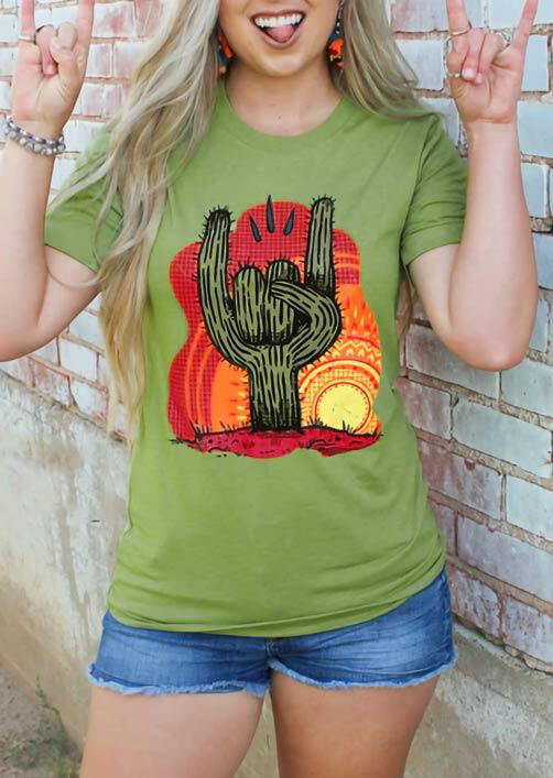 

Cactus Rock Roll Graphic T-Shirt Tee - Green, 481549