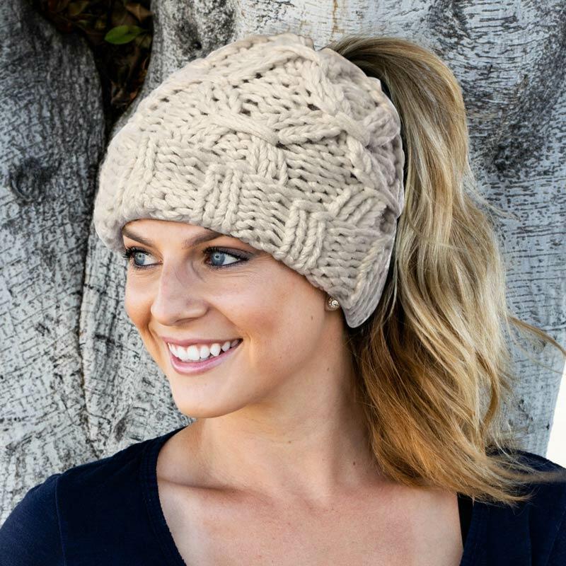 

Winter Warm Stretch Bun Beanie Knitted Hat, Beige, 482864