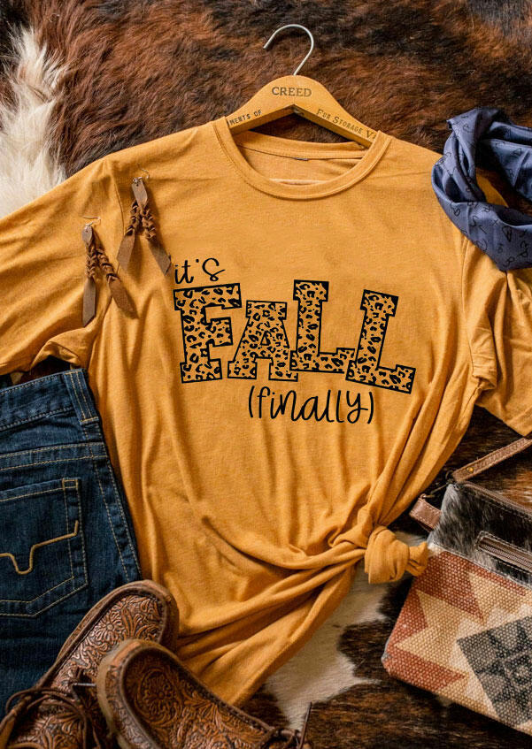 

It's Fall Finally Leopard Letter T-Shirt Tee - Yellow, 482875