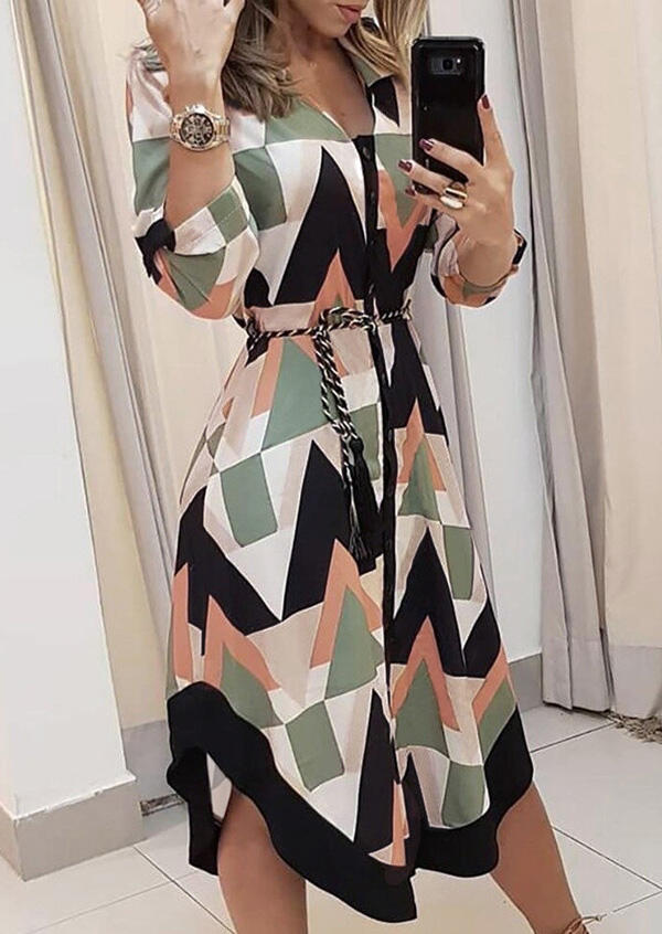 

Geometric Asymmetric Long Sleeve V-Neck Casual Dress, Multicolor, 483153