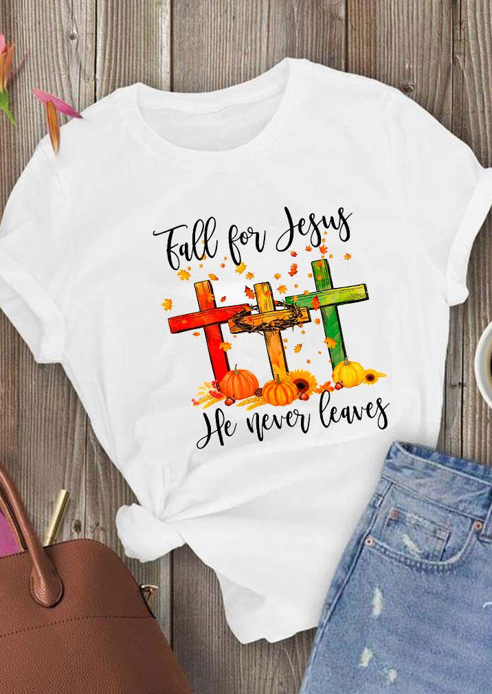 

Maple Leaf Pumpkin Cross Sunflower Fall For Jesus T-Shirt Tee - White, 483159