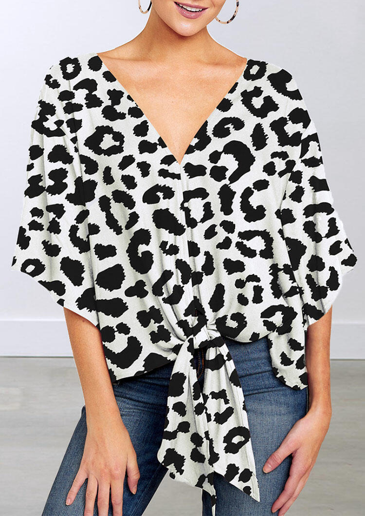 

Leopard V-Neck Tie Batwing Sleeve Blouse, 483219