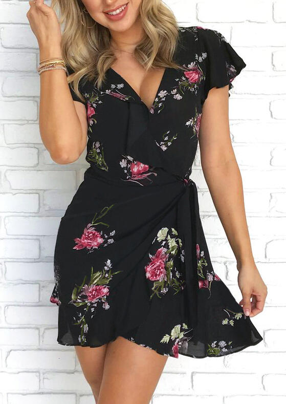 

Floral Ruffled Wrap V-Neck Mini Dress - Black, 483450