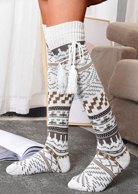 

Winter Warm Geometric Tassel Over Knee Socks, Beige, 483529