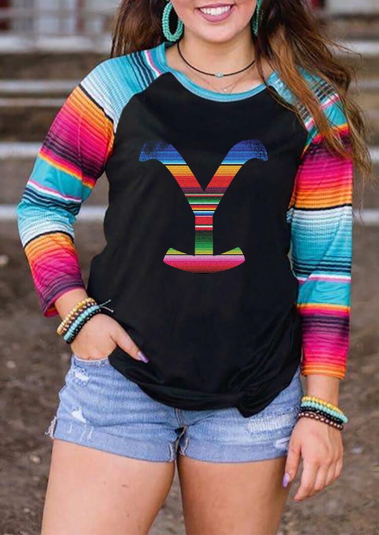 

Serape Striped Letter O-Neck Blouse - Black, 483738