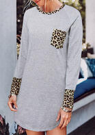 Leopard Splicing Pocket Long Sleeve Mini Dress