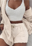 Warm Fleece Hooded Cardigan And Drawstring Shorts Two-Piece Set without Camisole