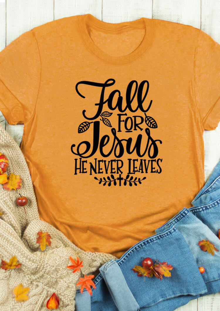

Fall For Jesus He Never Leaves T-Shirt Tee - Yellow, 483566