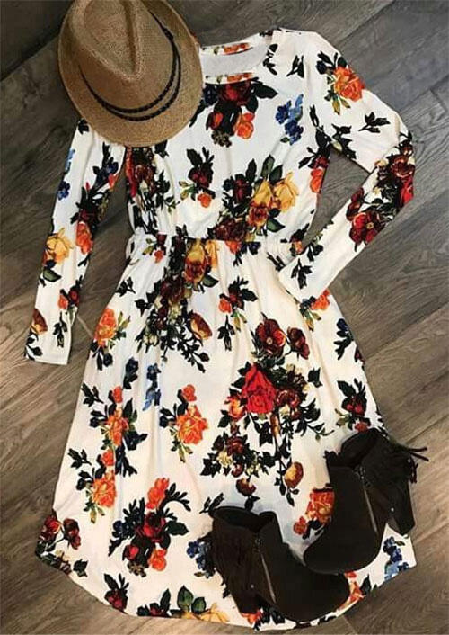 

Floral Ruffled O-Neck Long Sleeve Midi Dress, Multicolor, 483912