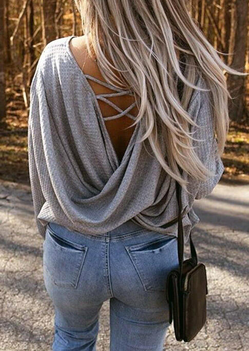 

Criss-Cross Open Back Twist Hollow Out Blouse - Gray, 483933