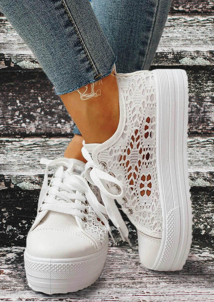 

Lace Hollow Out Round Toe Platform Sneakers - White, 482373