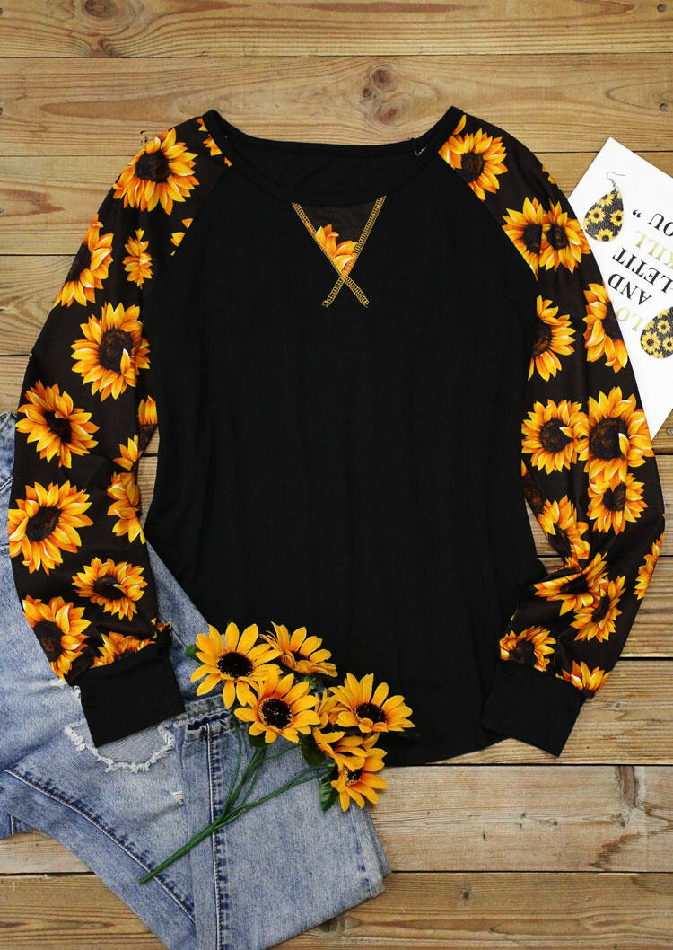 Sunflower ONeck Raglan Sleeve Blouse Black Bellelily