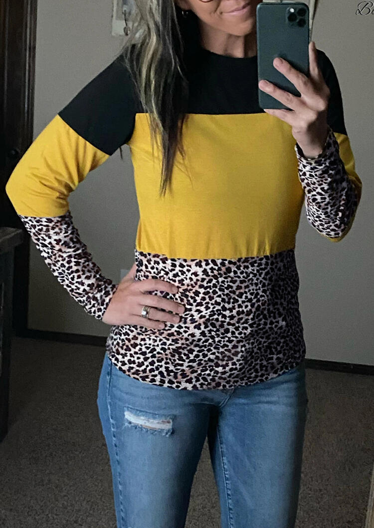 

Color Block Leopard Splicing Long Sleeve Blouse, Multicolor, 483447