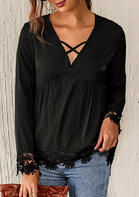 Lace Splicing Criss-Cross Ruffled V-Neck Blouse