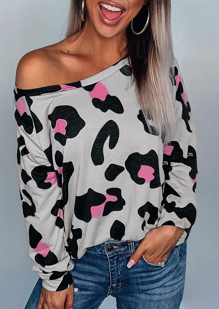 

Leopard Long Sleeve O-Neck Blouse, 483963