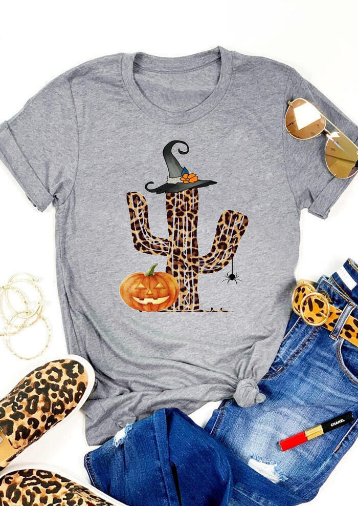 

Halloween Leopard Cactus Pumpkin Witch Hat T-Shirt Tee - Gray, 484038