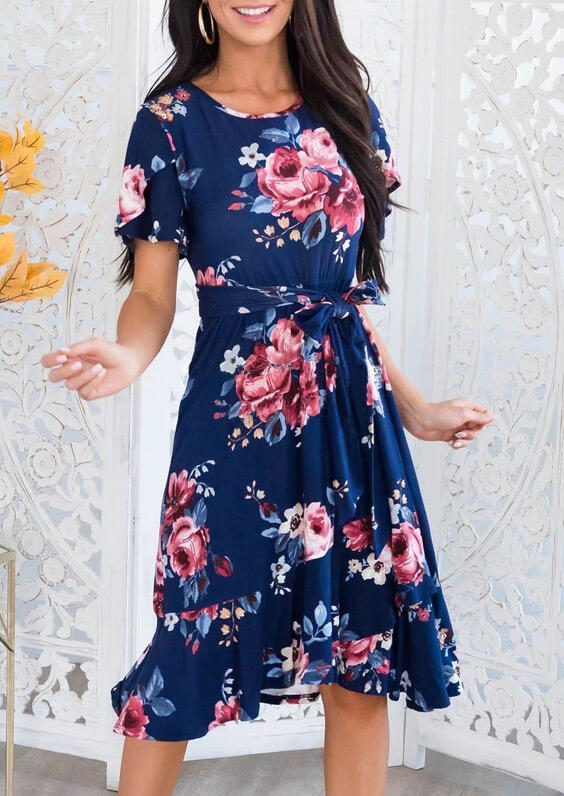 

Floral Ruffled O-Neck Casual Dress - Navy Blue, 484095