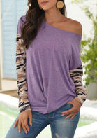 Camouflage Splicing Twist Long Sleeve Blouse - Purple