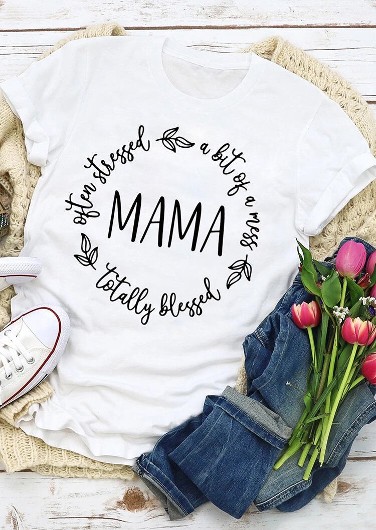 

Mama A Bit of A Mess Totally Blessed Leaf T-Shirt Tee - White, 483784