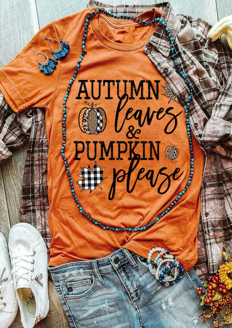 

Leopard Plaid Pumpkin Leaves Letter T-Shirt Tee - Orange, 483940