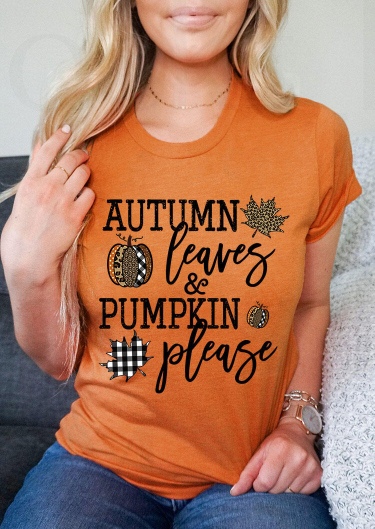 Thanksgiving Leopard Plaid Pumpkin Leaves Letter T-Shirt Tee - Orange