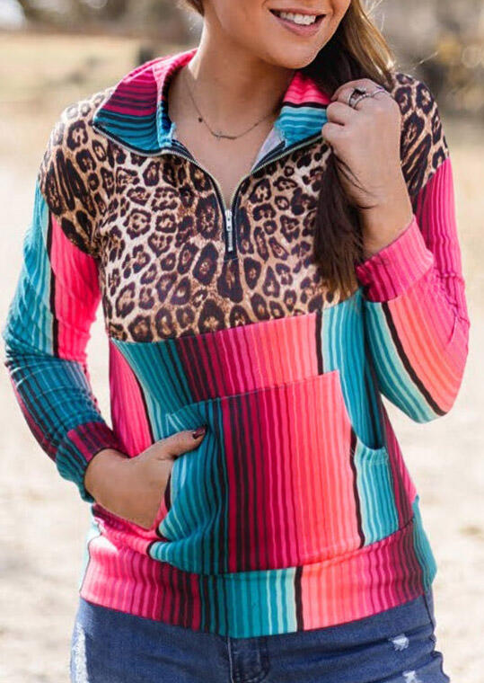 

Serape Striped Leopard Splicing Zipper Collar Sweatshirt, Multicolor, 484101