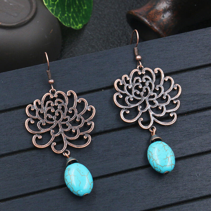 

Vintage Hollow Out Flower Turquoise Pendant Earrings, Red, 484115