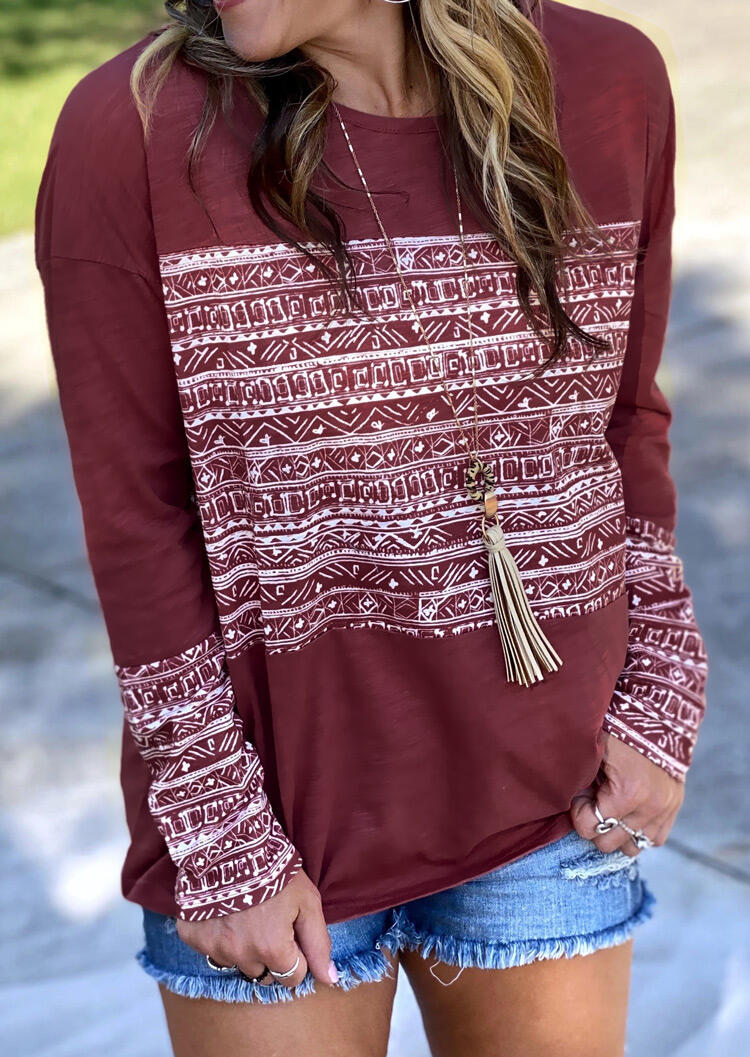 

Geometric Long Sleeve O-Neck T-Shirt Tee - Burgundy, 484139