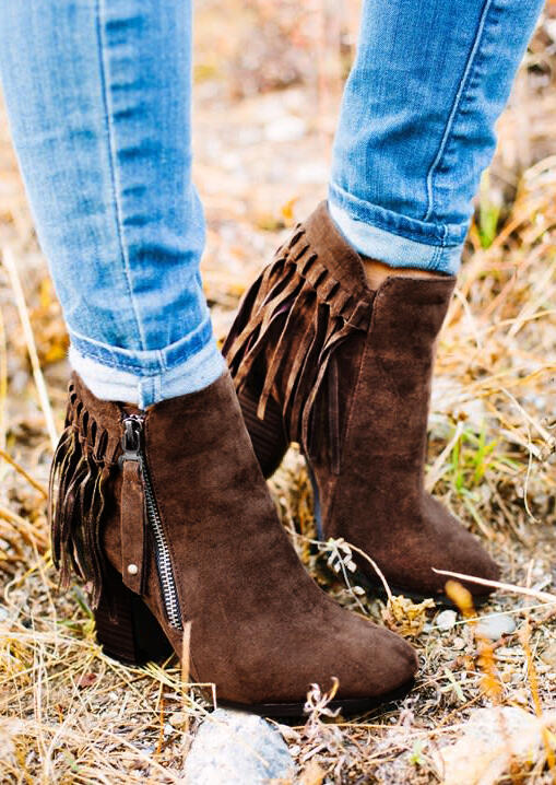 

Western Tassel Zipper Chunky Heel Ankle Boots - Brown, 484034