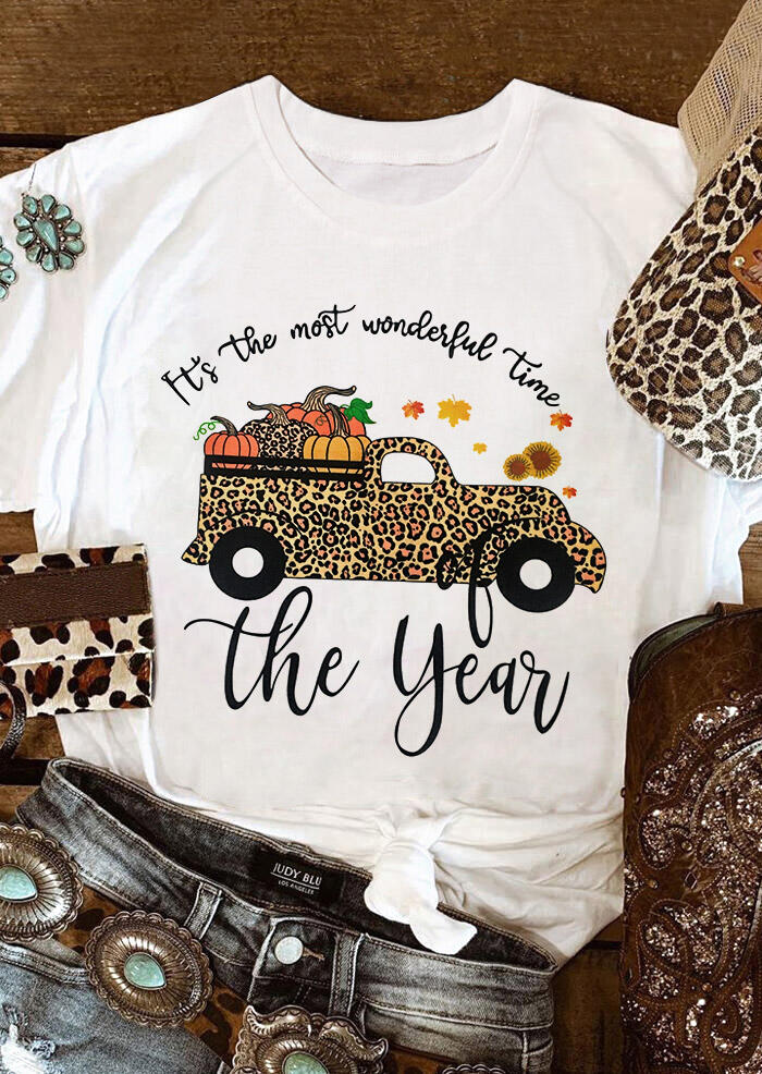 

Thanksgiving Leopard Car Pumpkin Sunflower Letter T-Shirt Tee - White, 484042