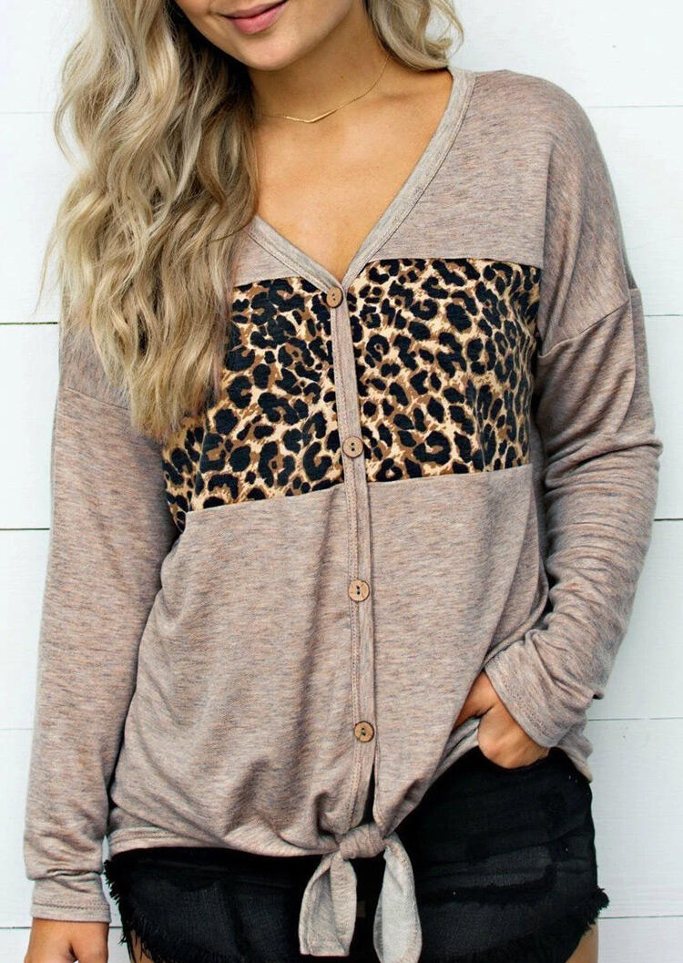 

Leopard Splicing Button Tie Long Sleeve Blouse, Khaki, 484055