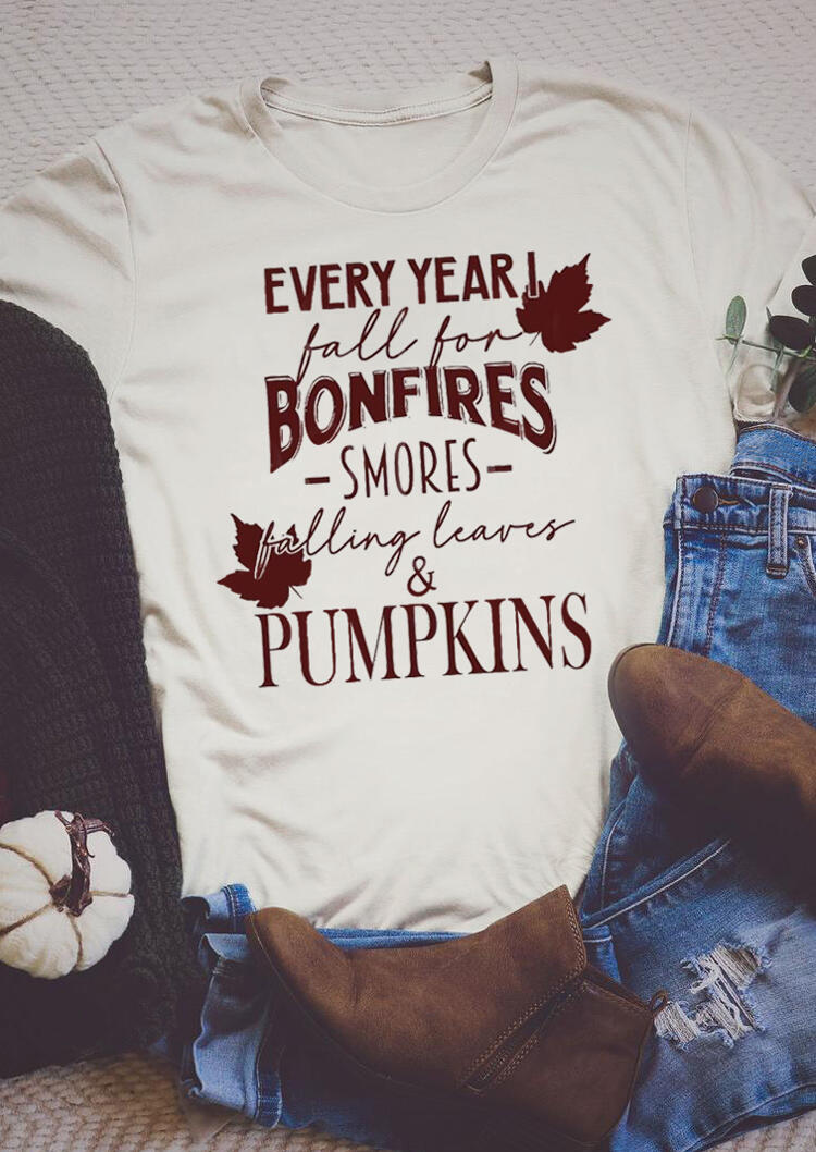 

Falling Leaves & Pumpkins Graphic T-Shirt Tee - Beige, 484064